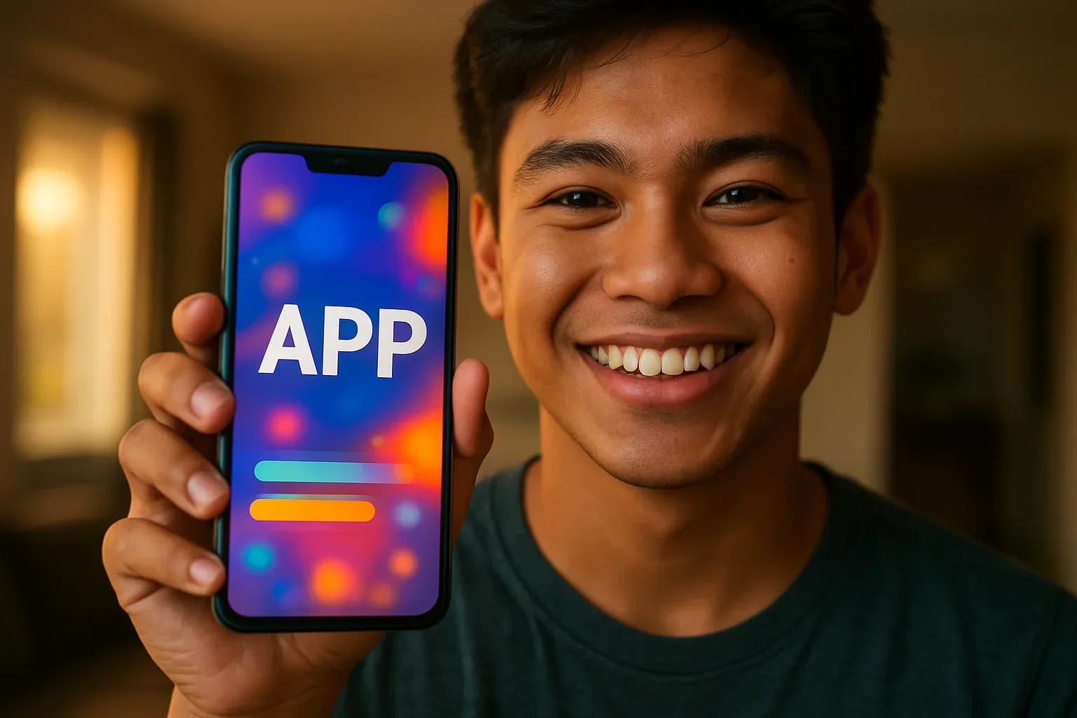 Young Filipino man smiling, holding smartphone with colorful app screen facing camera