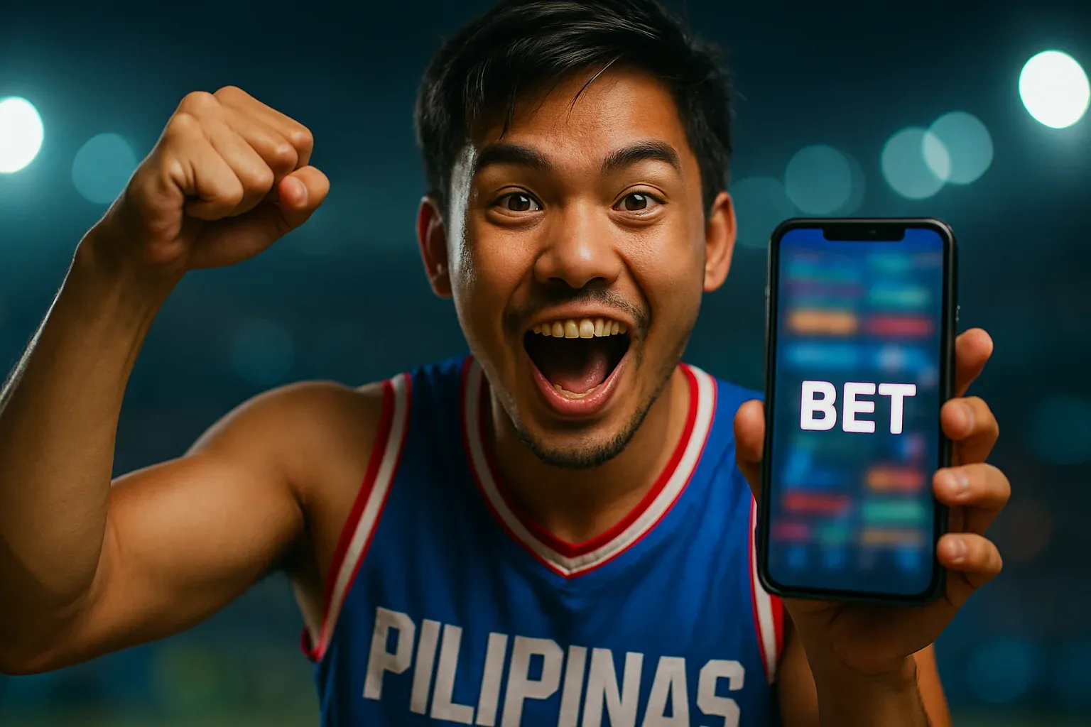 Excited Filipino man holding phone with sports betting screen and BET text