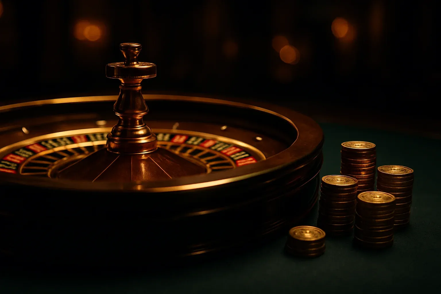 Elegant live casino table with glowing roulette wheel and golden chips