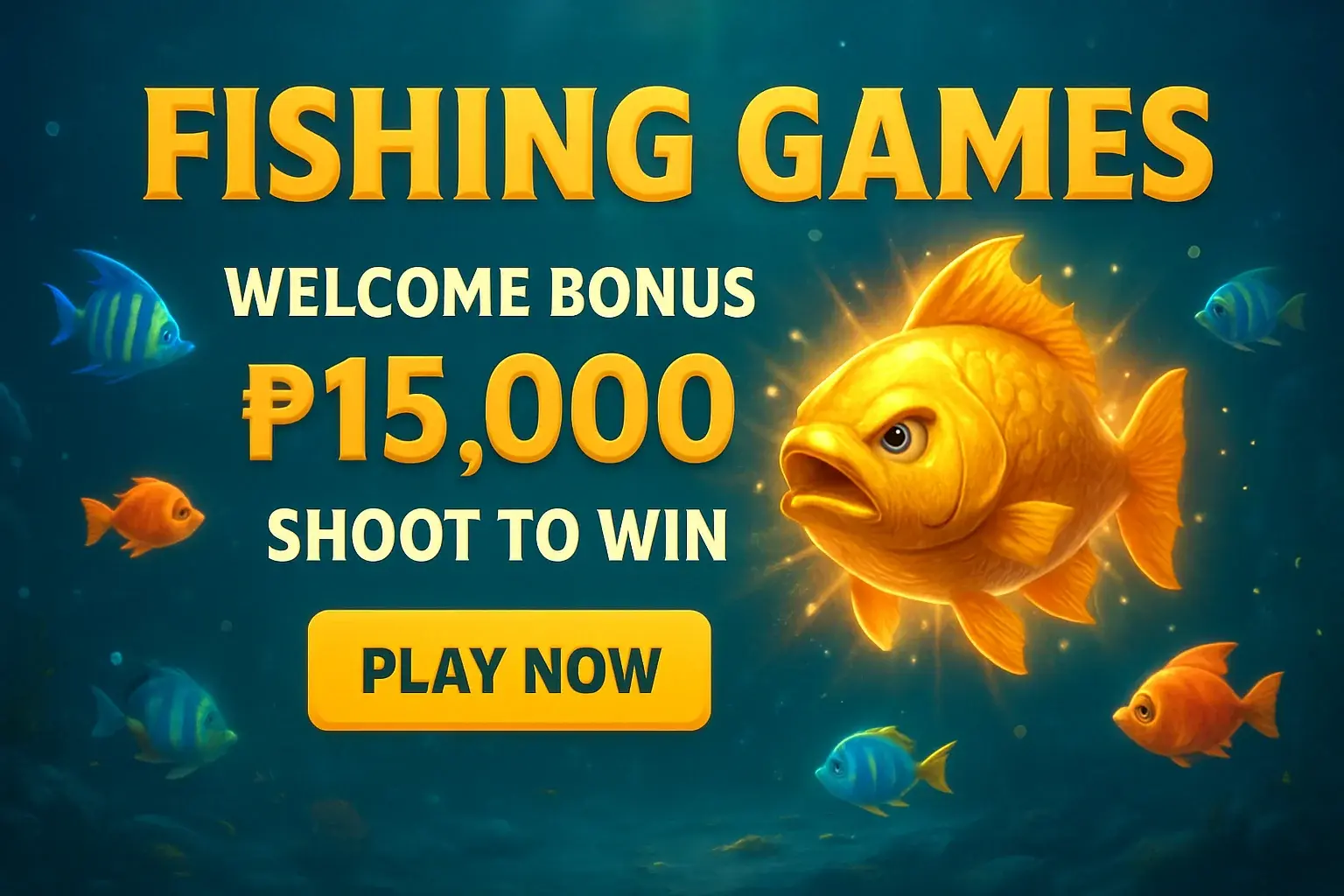 Fishing arcade banner with boss fish, bonus offer, and play button