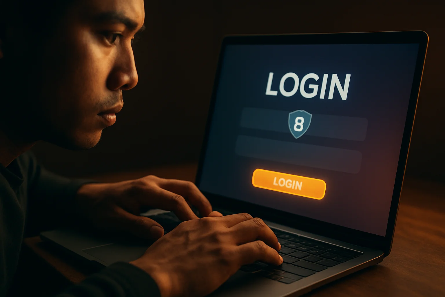Young Filipino man's hands on laptop showing LOGIN sign-in screen