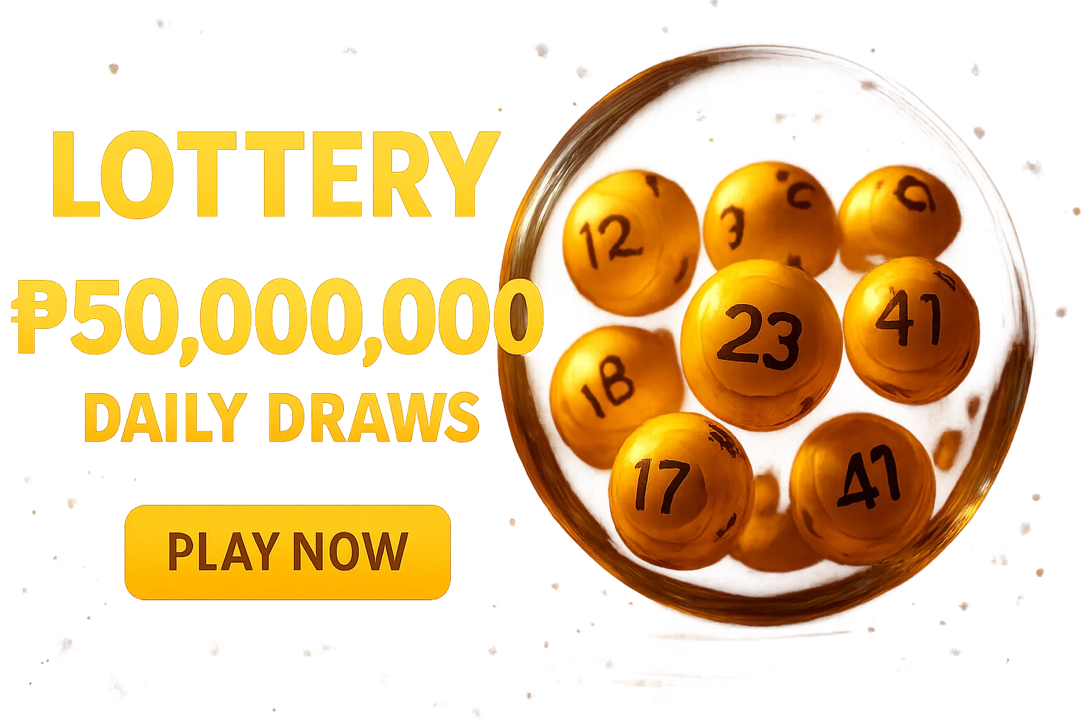 Festive lottery banner with glowing numbered balls, jackpot amount, and play button