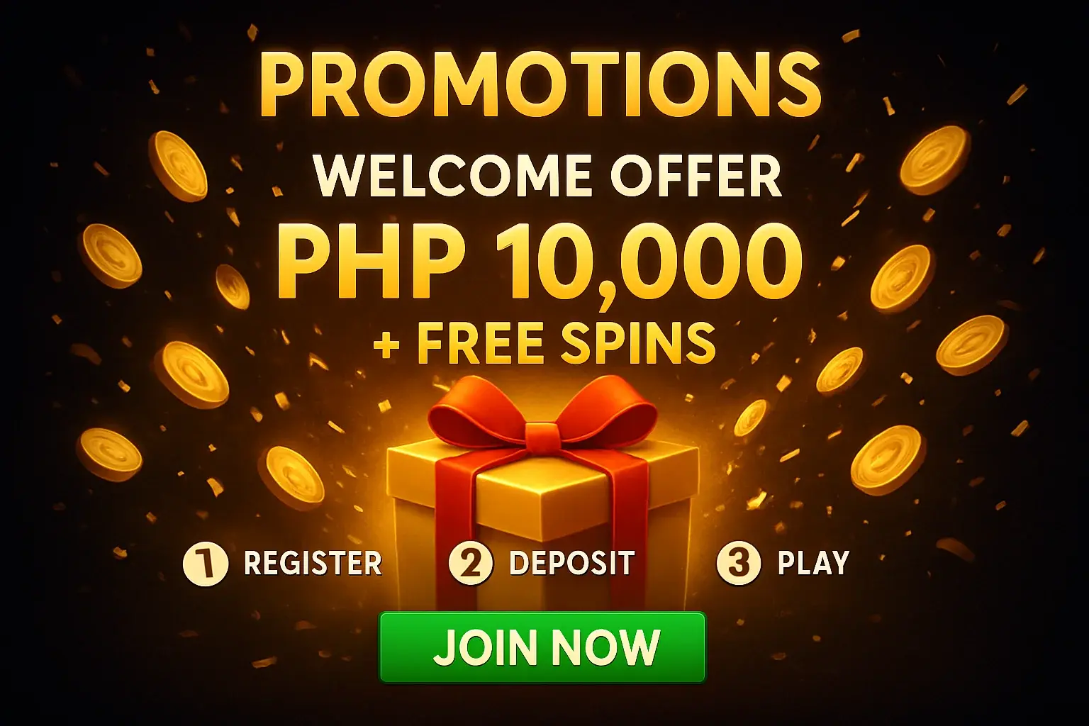 Casino promotions banner with gift box, golden coins, confetti, and CTA