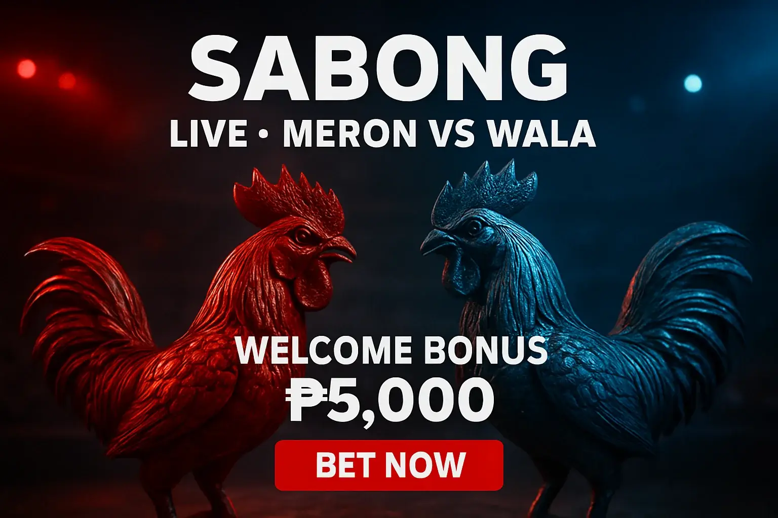Live sabong banner with decorative rooster figurines and bet now button