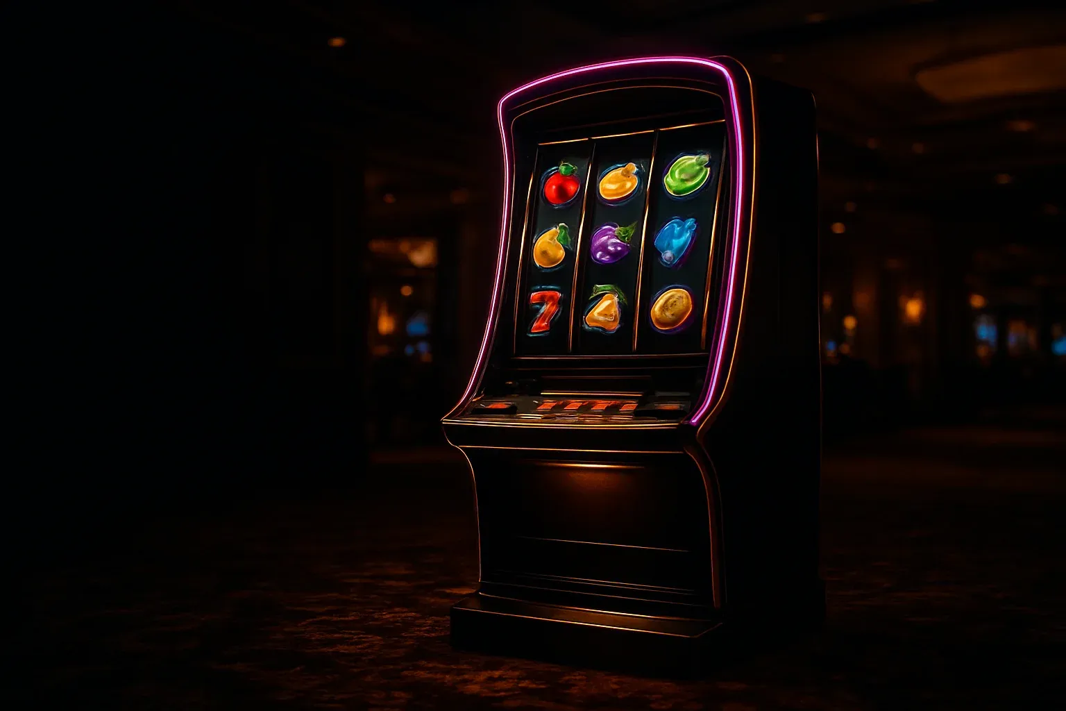 Complete premium slot machine on dark luxury casino floor with three reels